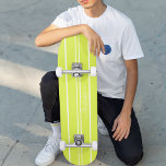 Cool Lime Green White Racing Stripes Monogrammed Skateboard<br><div class="desc">Create your own custom, personalized, modern, cool, stylish, summery lime green and white racing stripes, classy elegant typography script, best quality hard-rock maple competition shaped skateboard deck. To customize, simply type in your name / monogram / initials. While you add / design, you'll be able to see a preview of...</div>