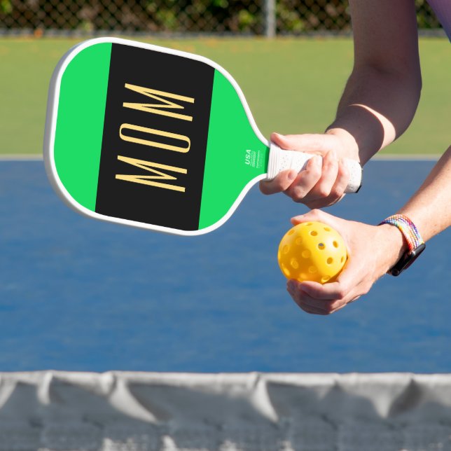 Cool Lime Green Wide Black Center Stripe MOM Text Pickleball Paddle (Insitu)