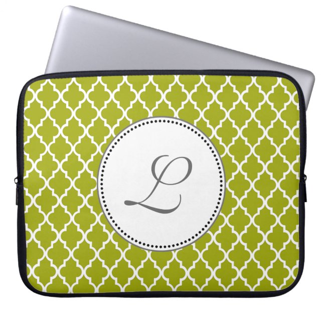cool lime quatrefoil pattern monogram laptop sleeve (Front)