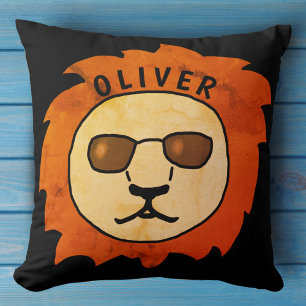 Cool Lion Head Orange Black Kid`s Name  Throw Pillow