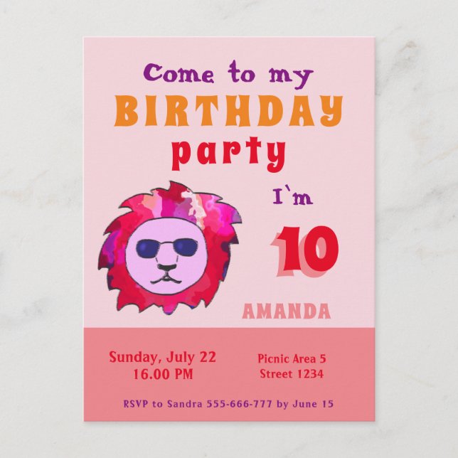 Cool Lion Pink Kid`s Birthday Party Invitation Postcard (Front)