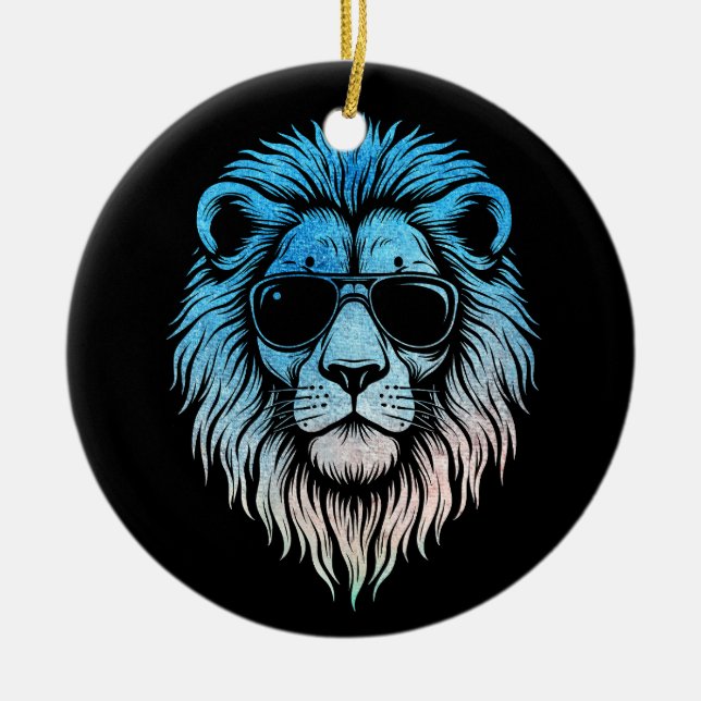 Cool Lion Wearing Sunglasses Artwork Lion Ceramic Ornament (Front)