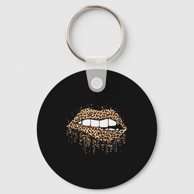 Cool Lips Bite Kiss Me Leopard Print Cheetah- Vale Keychain (Front)