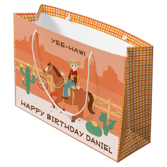 Cool little cowboy and horse Birthday Party Large Gift Bag (Back Angled)