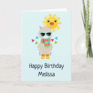 Cool Llama and Smiling Kawaii Sun Birthday Card