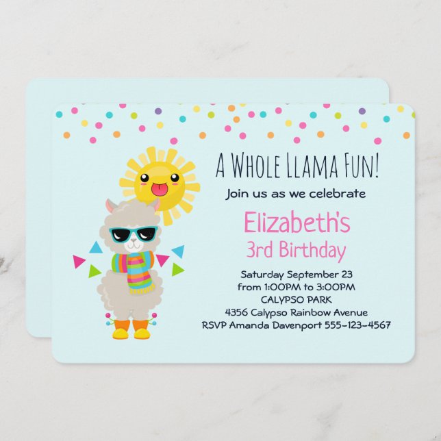 Cool Llama and Smiling Kawaii Sun Birthday Invitation (Front/Back)