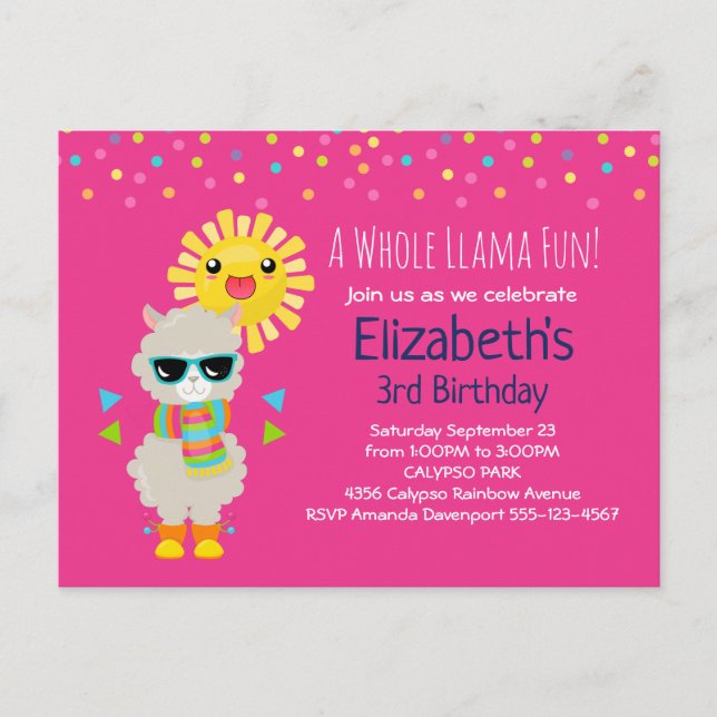 Cool Llama and Smiling Kawaii Sun Birthday Invitation Postcard (Front)