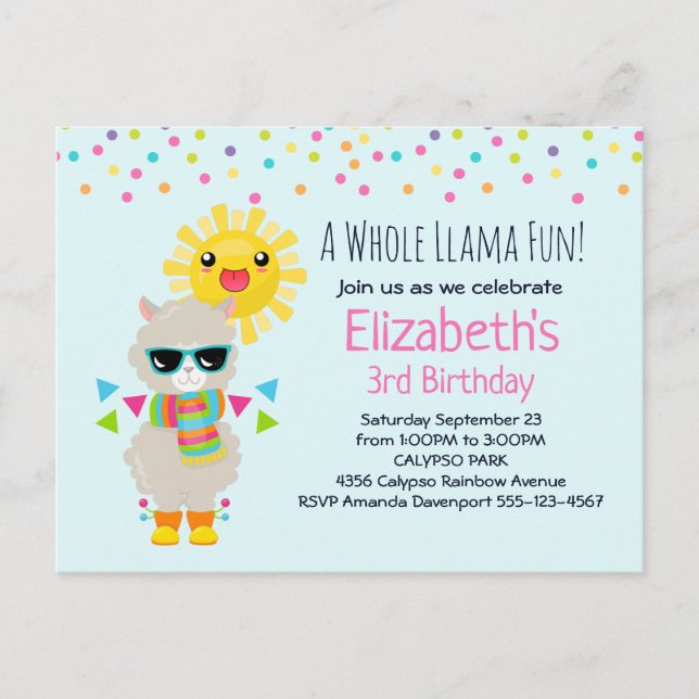 Cool Llama and Smiling Kawaii Sun Birthday Invitation Postcard (Front)