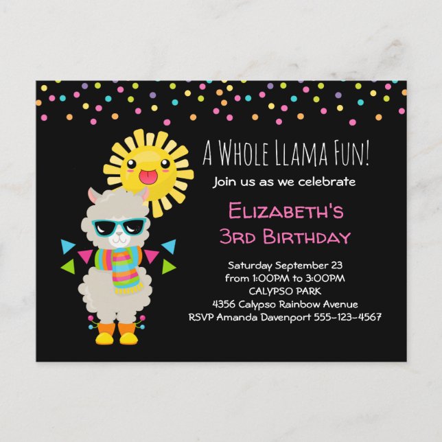 Cool Llama and Smiling Kawaii Sun Birthday Invitation Postcard (Front)