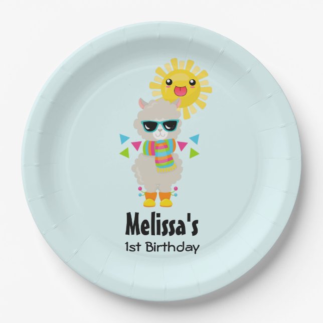 Cool Llama and Smiling Kawaii Sun Birthday Paper Plate (Front)