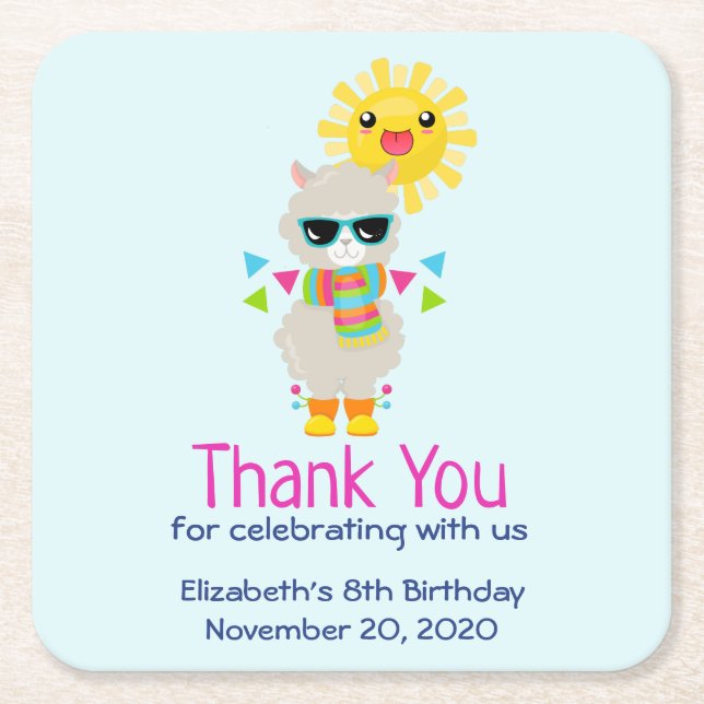 Cool Llama and Smiling Kawaii Sun Birthday Square Paper Coaster (Front)