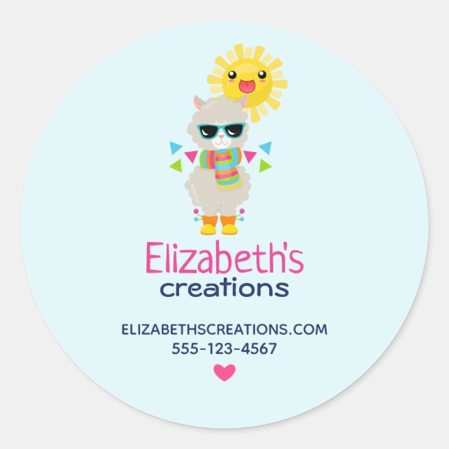 Cool Llama and Smiling Kawaii Sun Business Classic Round Sticker (Front)