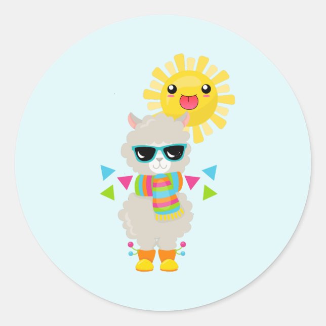 Cool Llama and Smiling Kawaii Sun Classic Round Sticker (Front)