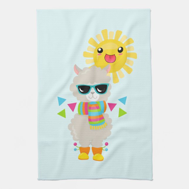 Cool Llama and Smiling Kawaii Sun Kitchen Towel (Vertical)