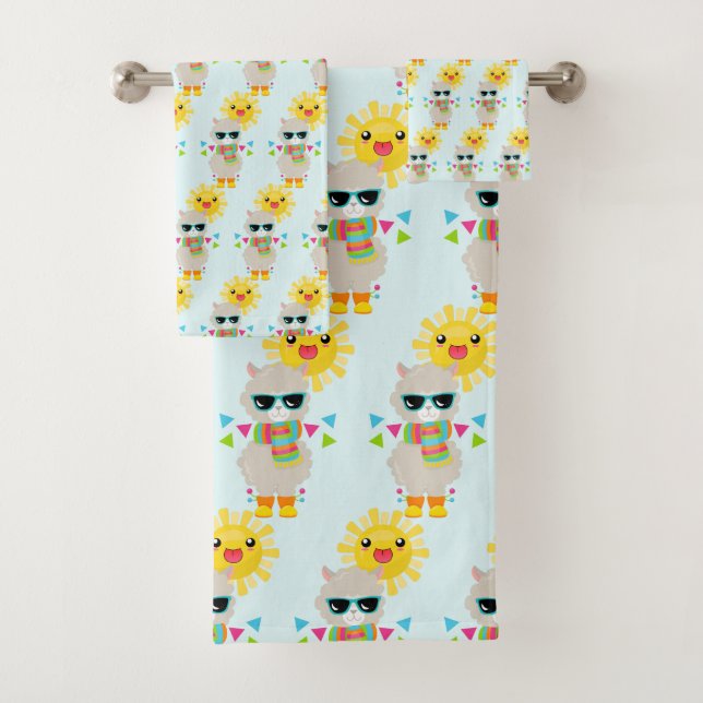Cool Llama and Smiling Kawaii Sun Pattern Bath Towel Set (Insitu)