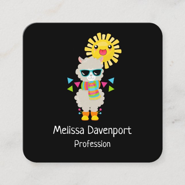 Cool Llama and Smiling Kawaii Sun Square Business Card (Front)