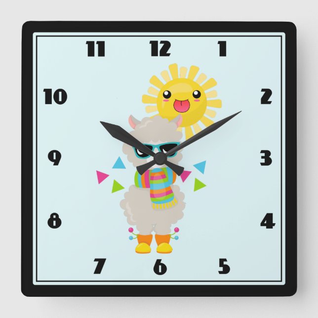 Cool Llama and Smiling Kawaii Sun Square Wall Clock (Front)