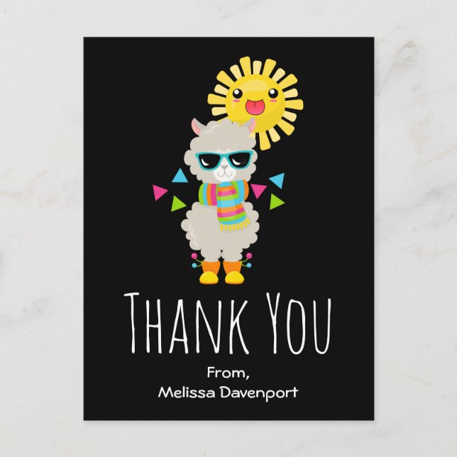 Cool Llama and Smiling Kawaii Sun Thank You Postcard (Front)