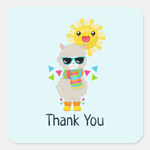 Cool Llama and Smiling Kawaii Sun Thank You Square Sticker