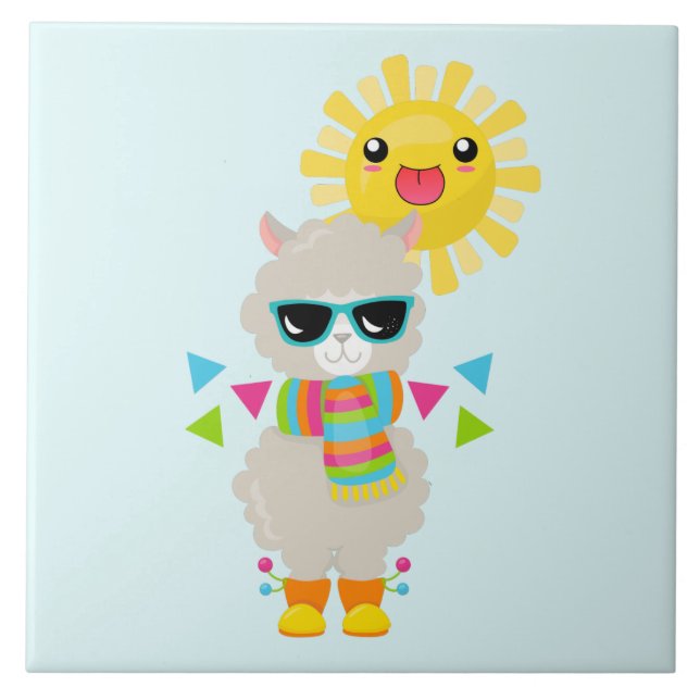 Cool Llama and Smiling Kawaii Sun Tile (Front)