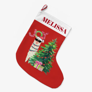 Cool Llama Christmas Tree with Presents Large Christmas Stocking