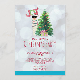 Cool Llama   Christmas Tree with Presents Party Invitation