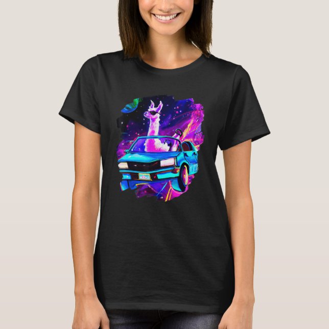 Cool Llama Driving Sports Car In Space Alpaca  Lla T-Shirt (Front)