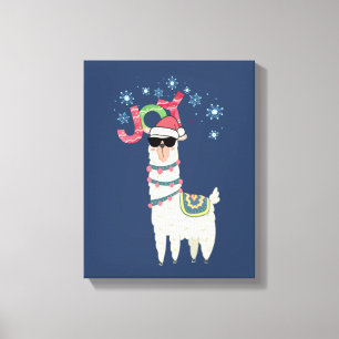 Cool Llama in Santa Hat with Snowflakes Christmas Canvas Print