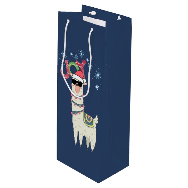 Cool Llama in Santa Hat with Snowflakes Christmas Wine Gift Bag (Front Angled)