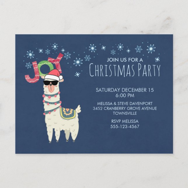 Cool Llama in Santa Hat with Snowflakes Party Postcard (Front)