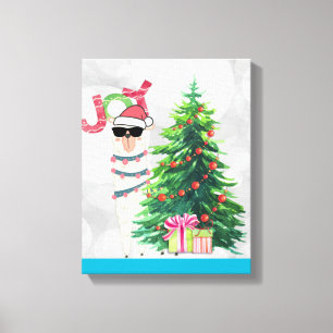 Cool Llama on Silver Bokeh & Icy Blue Christmas Canvas Print