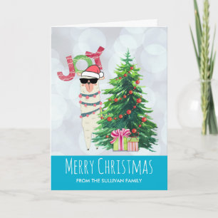 Cool Llama on Silver Bokeh & Icy Blue Christmas Card
