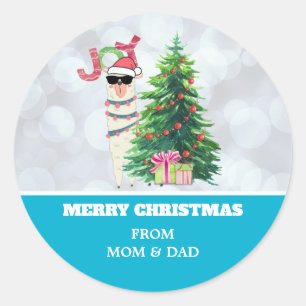 Cool Llama on Silver Bokeh & Icy Blue Christmas Classic Round Sticker