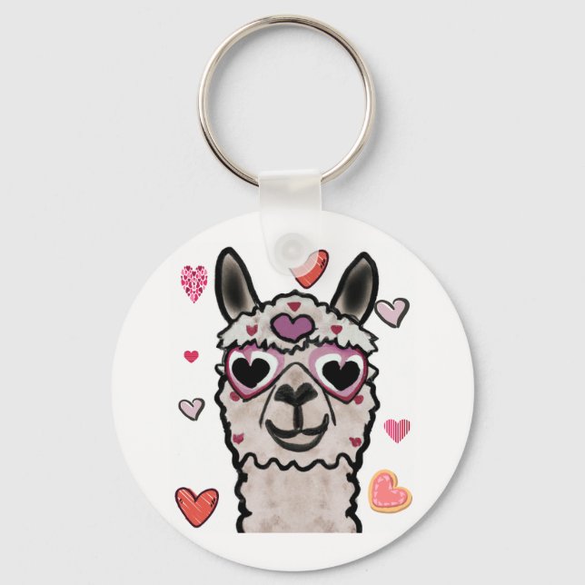 Cool Llama with Heart Glasses Keychain (Front)