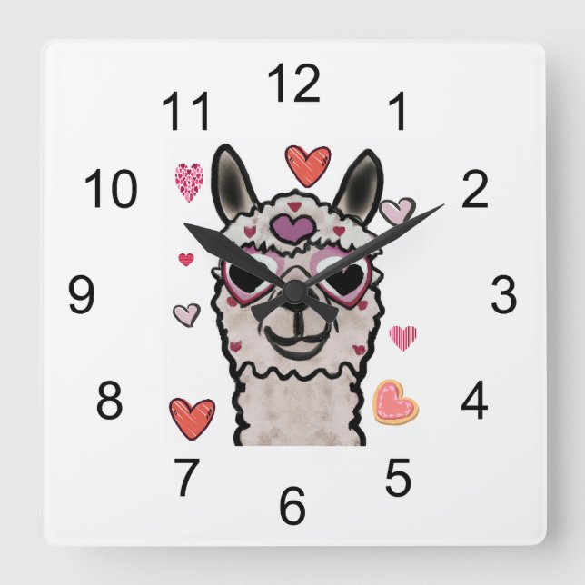 Cool Llama with Heart Glasses Square Wall Clock (Front)