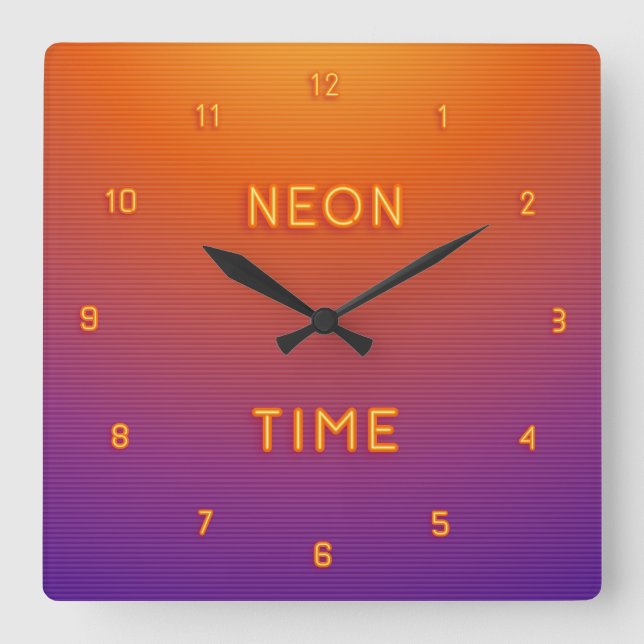 Cool Looking Simulated Neon Numbered Square Wall Clock (Front)