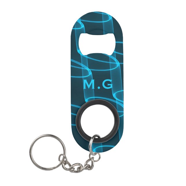Cool Luminous Blue Wave Pattern Monogram Keychain Bottle Opener (Front)