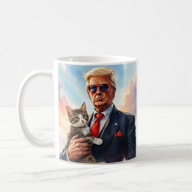 Cool MAGA Cat TRUMP Holding a Cat cute Sunglasses Coffee Mug (Left)