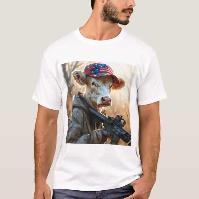 Cool MAGA Cow with Gun and Camouflage Cute AMERICA T-Shirt (Front)