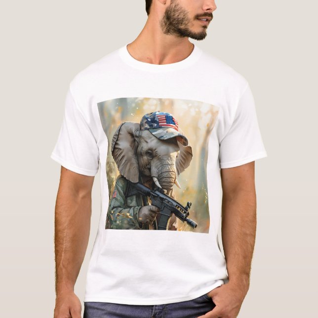 Cool MAGA Elephant with Gun & Camouflage AMERICA T-Shirt (Front)
