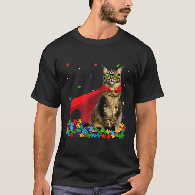 Cool Maine Coon Autism Awareness Graphic Cat T-Shirt (Front)