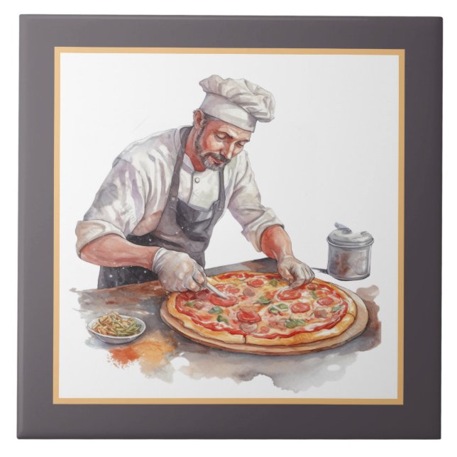 Cool man making pizza home business crafting tile (Front)