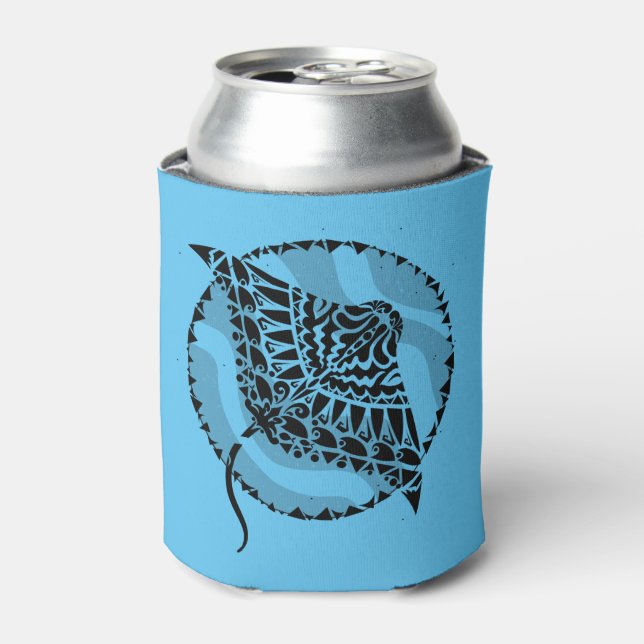 Cool Manta Ray Tribal Design Blue  Can Cooler (Can Front)