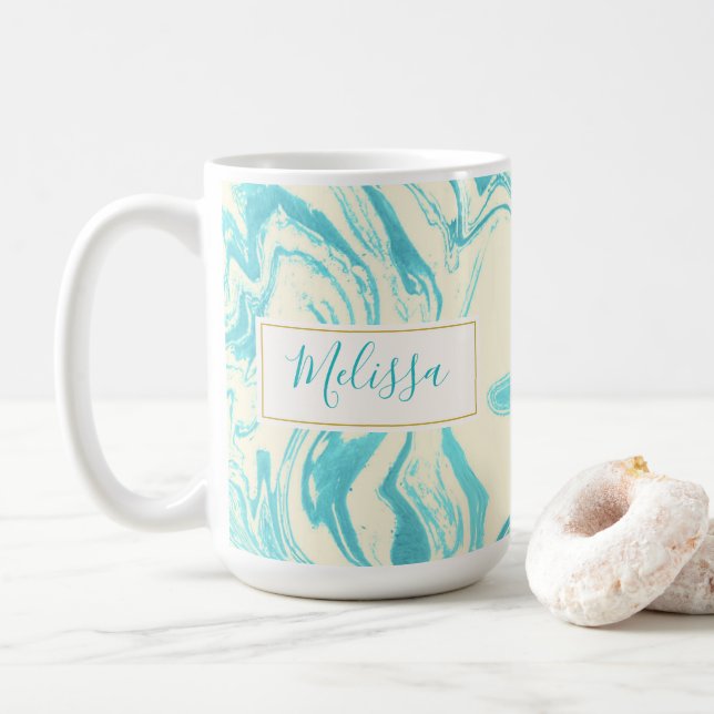 Cool Marble Design in Turquoise and Cream Custom Coffee Mug (With Donut)
