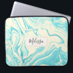 Cool Marble Design in Turquoise and Cream Custom Laptop Sleeve<br><div class="desc">A stylish and sophisticated laptop sleeve with an elegant faux marble pattern with swirling colours in turquoise blue and cream colours. A cream coloured frame with a gold border layered over top with a personalized name inside.</div>