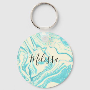 Cool Marble Design in Turquoise and Cream Monogram Keychain