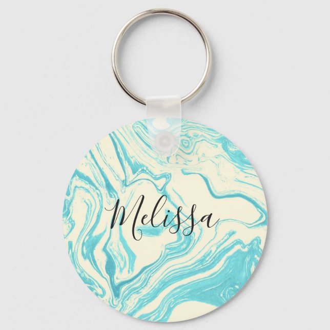 Cool Marble Design in Turquoise and Cream Monogram Keychain (Front)