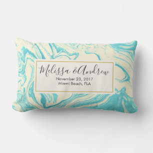 Cool Marble Design in Turquoise and Cream Wedding Lumbar Pillow