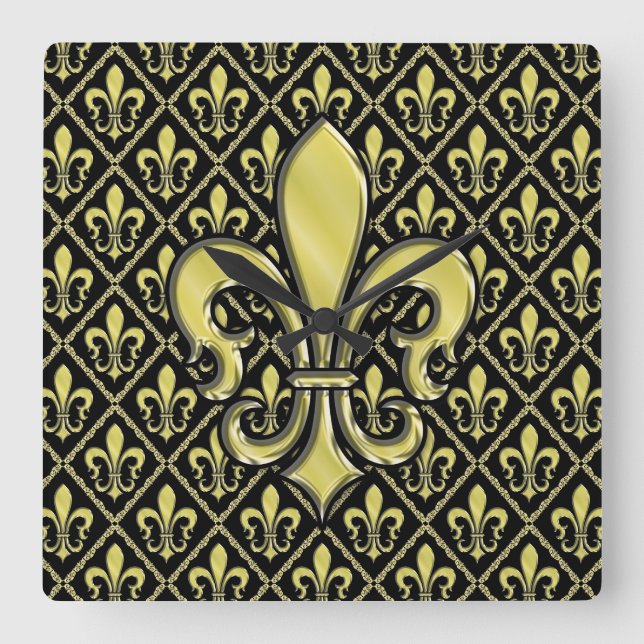 Cool Mardi Gras Fleur de Lis Design Square Wall Clock (Front)