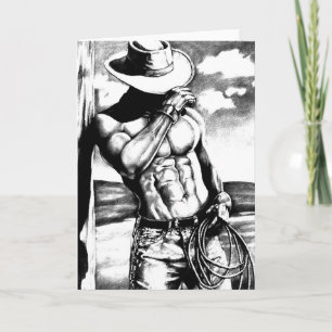 cool masculine fine art drawing cowboy bodybuilder holiday card